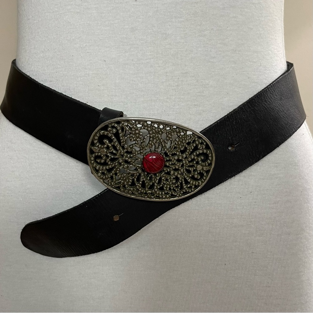 Women's OLGA SANTINI Brown Leather WESTERN Oval Buckle BOHO Waist Hip BELT 28-32